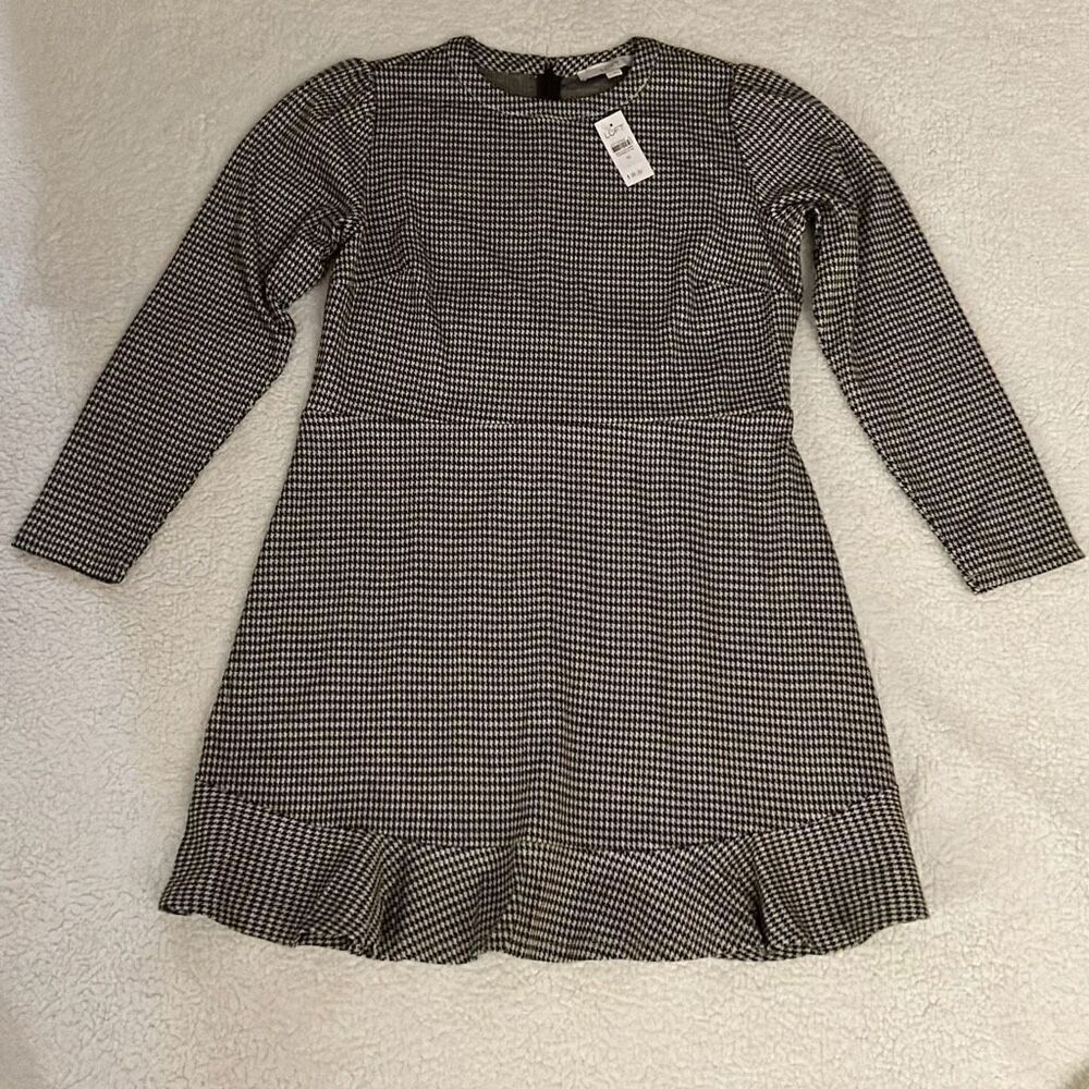 Loft black tan long sleeve ruffle knit dress 14 NWT